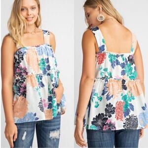 EASEL Tank Top Medium Poppy Floral Colorful Cotton Tiered Lightweight Raw Hem